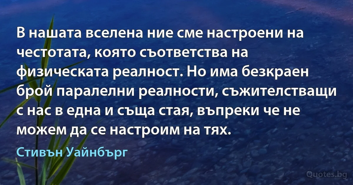 В нашата вселена ние сме настроени на честотата, която съответства на физическата реалност. Но има безкраен брой паралелни реалности, съжителстващи с нас в една и съща стая, въпреки че не можем да се настроим на тях. (Стивън Уайнбърг)