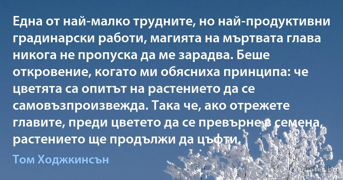 Една от най-малко трудните, но най-продуктивни градинарски работи, магията на мъртвата глава никога не пропуска да ме зарадва. Беше откровение, когато ми обясниха принципа: че цветята са опитът на растението да се самовъзпроизвежда. Така че, ако отрежете главите, преди цветето да се превърне в семена, растението ще продължи да цъфти. (Том Ходжкинсън)