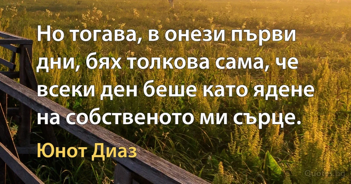 Но тогава, в онези първи дни, бях толкова сама, че всеки ден беше като ядене на собственото ми сърце. (Юнот Диаз)