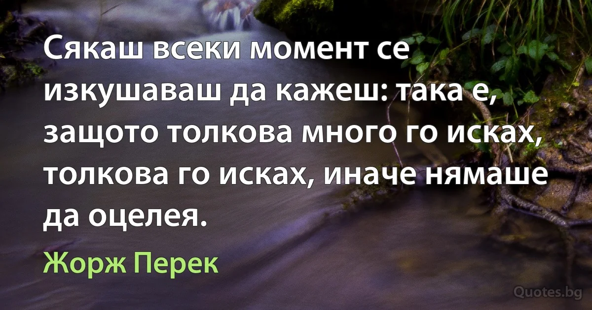 Сякаш всеки момент се изкушаваш да кажеш: така е, защото толкова много го исках, толкова го исках, иначе нямаше да оцелея. (Жорж Перек)