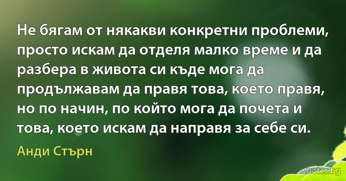 Не бягам от някакви конкретни проблеми, просто искам да отделя малко време и да разбера в живота си къде мога да продължавам да правя това, което правя, но по начин, по който мога да почета и това, което искам да направя за себе си. (Анди Стърн)