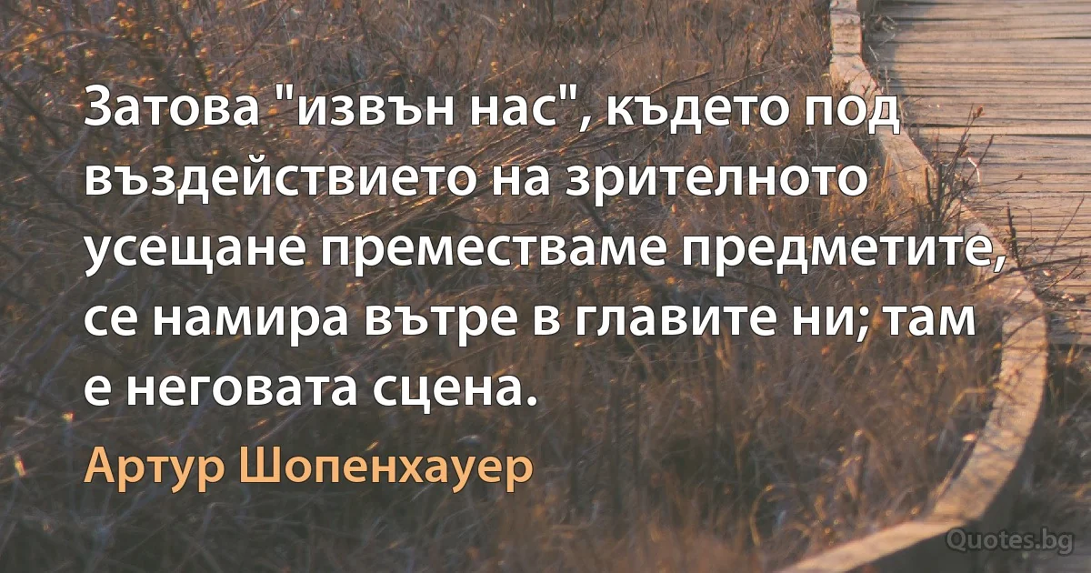 Затова "извън нас", където под въздействието на зрителното усещане преместваме предметите, се намира вътре в главите ни; там е неговата сцена. (Артур Шопенхауер)