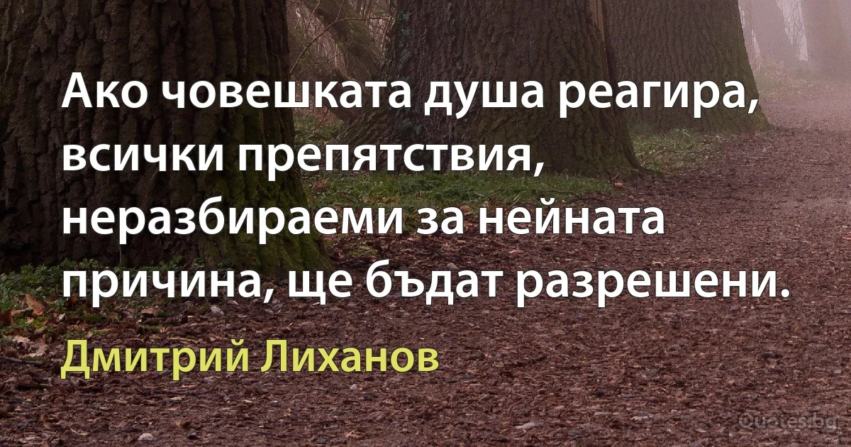 Ако човешката душа реагира, всички препятствия, неразбираеми за нейната причина, ще бъдат разрешени. (Дмитрий Лиханов)