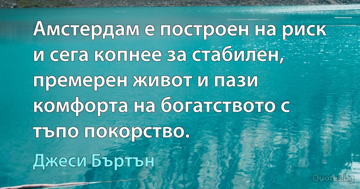 Амстердам е построен на риск и сега копнее за стабилен, премерен живот и пази комфорта на богатството с тъпо покорство. (Джеси Бъртън)