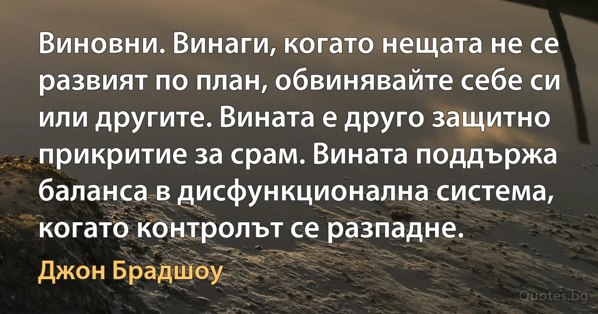 Виновни. Винаги, когато нещата не се развият по план, обвинявайте себе си или другите. Вината е друго защитно прикритие за срам. Вината поддържа баланса в дисфункционална система, когато контролът се разпадне. (Джон Брадшоу)