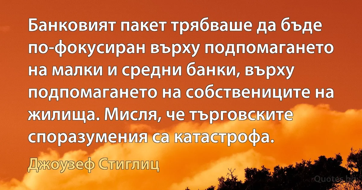 Банковият пакет трябваше да бъде по-фокусиран върху подпомагането на малки и средни банки, върху подпомагането на собствениците на жилища. Мисля, че търговските споразумения са катастрофа. (Джоузеф Стиглиц)