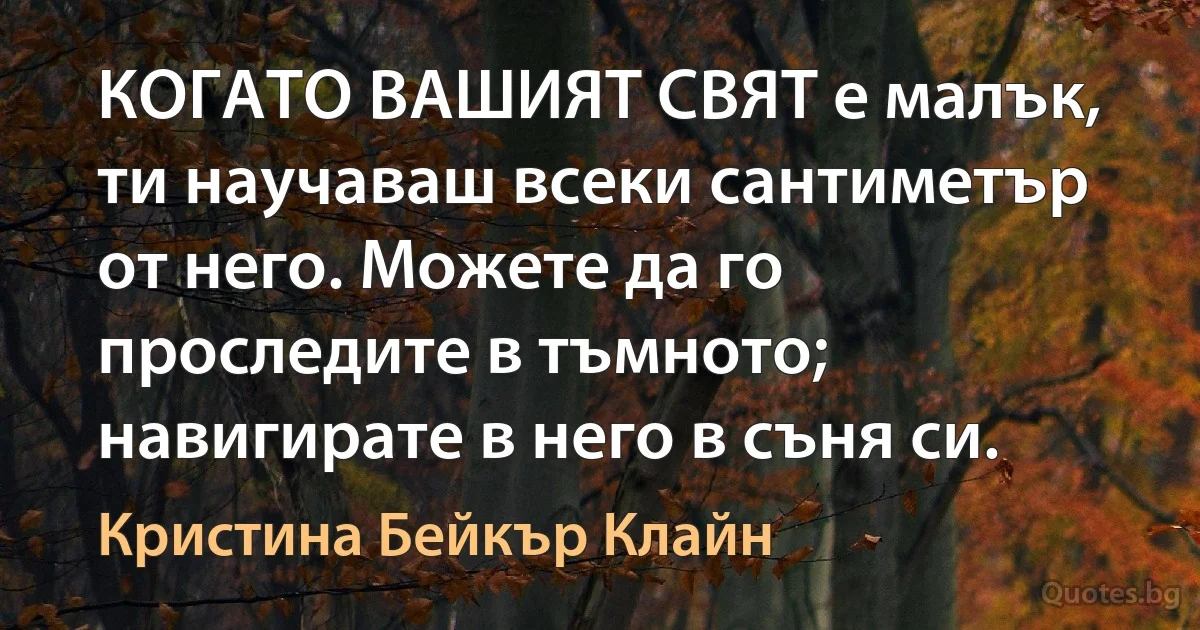 КОГАТО ВАШИЯТ СВЯТ е малък, ти научаваш всеки сантиметър от него. Можете да го проследите в тъмното; навигирате в него в съня си. (Кристина Бейкър Клайн)