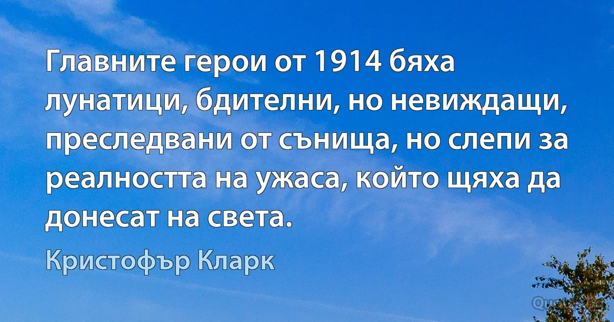 Главните герои от 1914 бяха лунатици, бдителни, но невиждащи, преследвани от сънища, но слепи за реалността на ужаса, който щяха да донесат на света. (Кристофър Кларк)