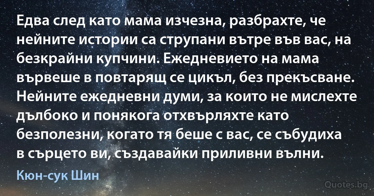 Едва след като мама изчезна, разбрахте, че нейните истории са струпани вътре във вас, на безкрайни купчини. Ежедневието на мама вървеше в повтарящ се цикъл, без прекъсване. Нейните ежедневни думи, за които не мислехте дълбоко и понякога отхвърляхте като безполезни, когато тя беше с вас, се събудиха в сърцето ви, създавайки приливни вълни. (Кюн-сук Шин)