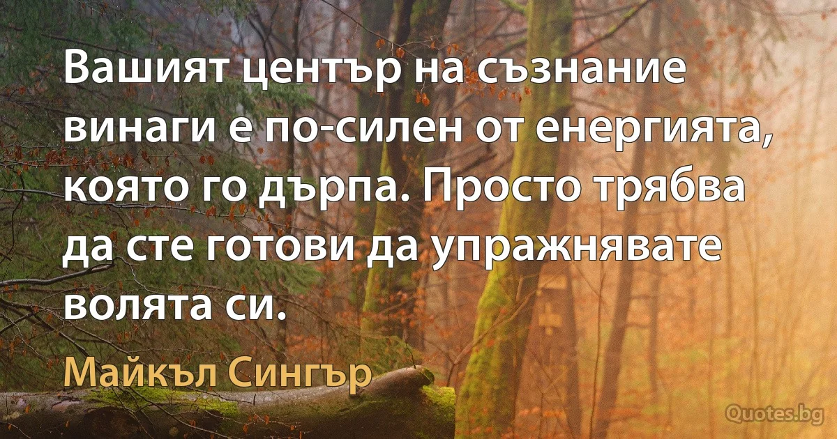 Вашият център на съзнание винаги е по-силен от енергията, която го дърпа. Просто трябва да сте готови да упражнявате волята си. (Майкъл Сингър)