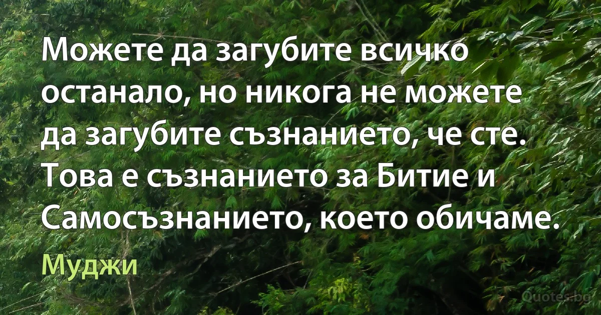 Можете да загубите всичко останало, но никога не можете да загубите съзнанието, че сте. Това е съзнанието за Битие и Самосъзнанието, което обичаме. (Муджи)