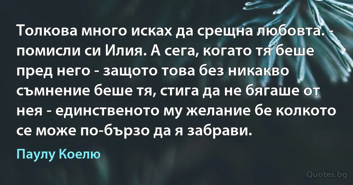 Толкова много исках да срещна любовта. - помисли си Илия. А сега, когато тя беше пред него - защото това без никакво съмнение беше тя, стига да не бягаше от нея - единственото му желание бе колкото се може по-бързо да я забрави. (Паулу Коелю)