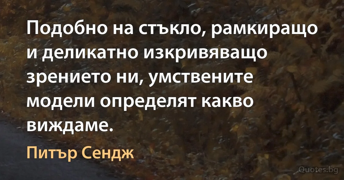 Подобно на стъкло, рамкиращо и деликатно изкривяващо зрението ни, умствените модели определят какво виждаме. (Питър Сендж)