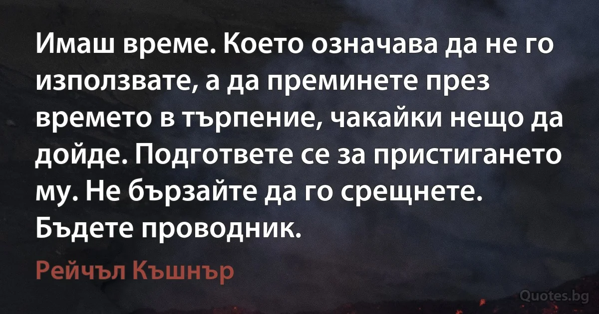 Имаш време. Което означава да не го използвате, а да преминете през времето в търпение, чакайки нещо да дойде. Подгответе се за пристигането му. Не бързайте да го срещнете. Бъдете проводник. (Рейчъл Къшнър)