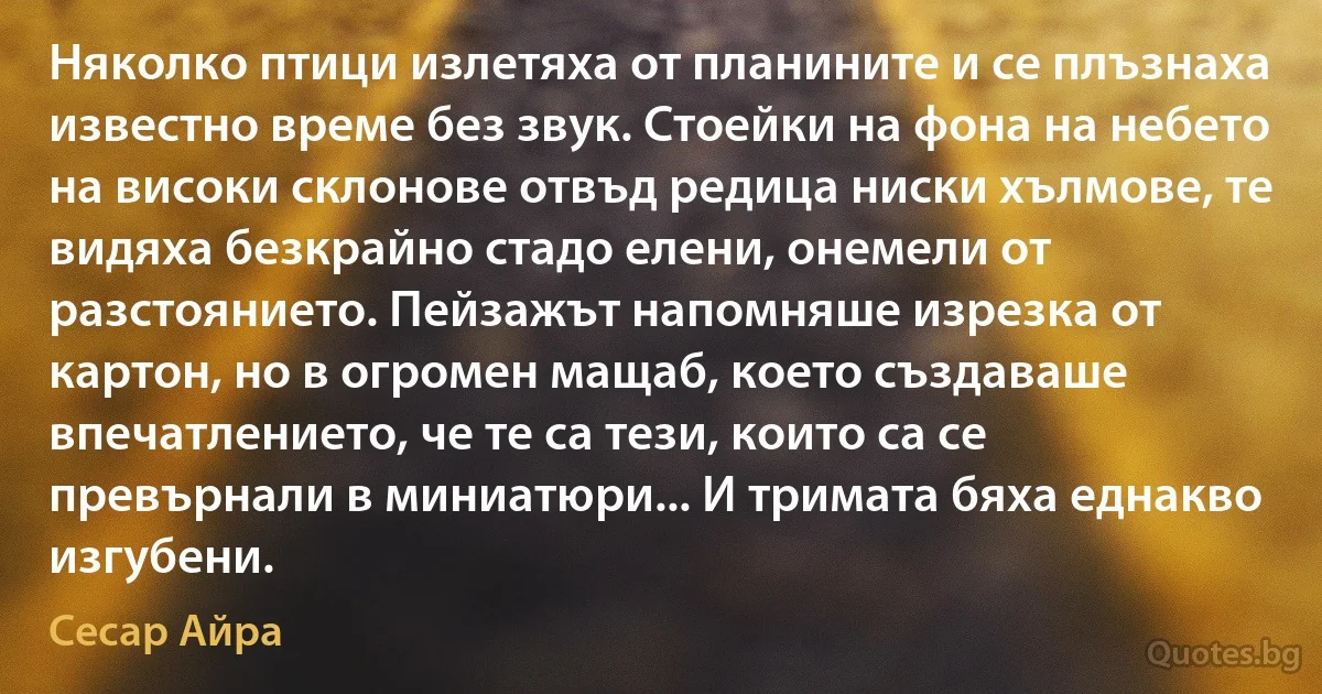 Няколко птици излетяха от планините и се плъзнаха известно време без звук. Стоейки на фона на небето на високи склонове отвъд редица ниски хълмове, те видяха безкрайно стадо елени, онемели от разстоянието. Пейзажът напомняше изрезка от картон, но в огромен мащаб, което създаваше впечатлението, че те са тези, които са се превърнали в миниатюри... И тримата бяха еднакво изгубени. (Сесар Айра)