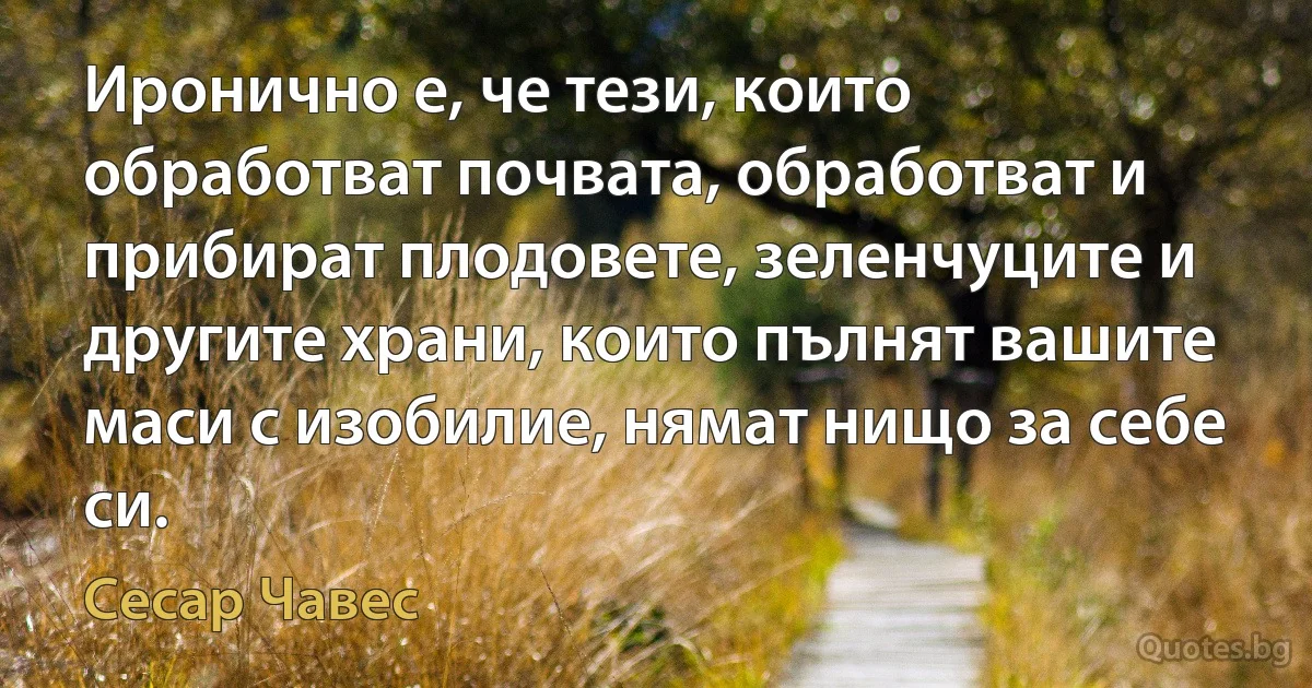 Иронично е, че тези, които обработват почвата, обработват и прибират плодовете, зеленчуците и другите храни, които пълнят вашите маси с изобилие, нямат нищо за себе си. (Сесар Чавес)