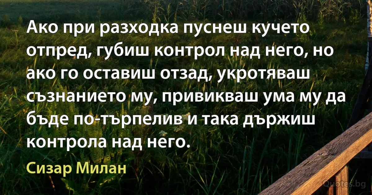 Ако при разходка пуснеш кучето отпред, губиш контрол над него, но ако го оставиш отзад, укротяваш съзнанието му, привикваш ума му да бъде по-търпелив и така държиш контрола над него. (Сизар Милан)