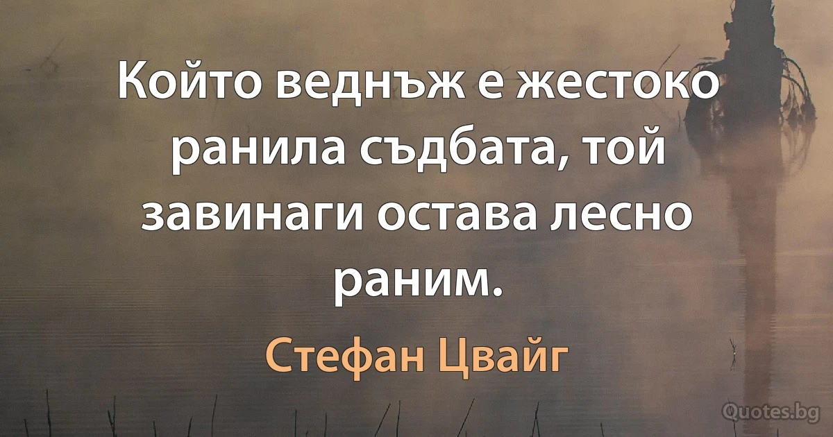 Който веднъж е жестоко ранила съдбата, той завинаги остава лесно раним. (Стефан Цвайг)