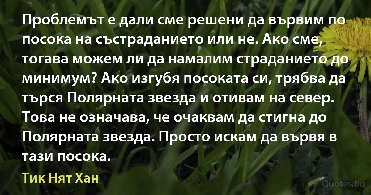 Проблемът е дали сме решени да вървим по посока на състраданието или не. Ако сме, тогава можем ли да намалим страданието до минимум? Ако изгубя посоката си, трябва да търся Полярната звезда и отивам на север. Това не означава, че очаквам да стигна до Полярната звезда. Просто искам да вървя в тази посока. (Тик Нят Хан)