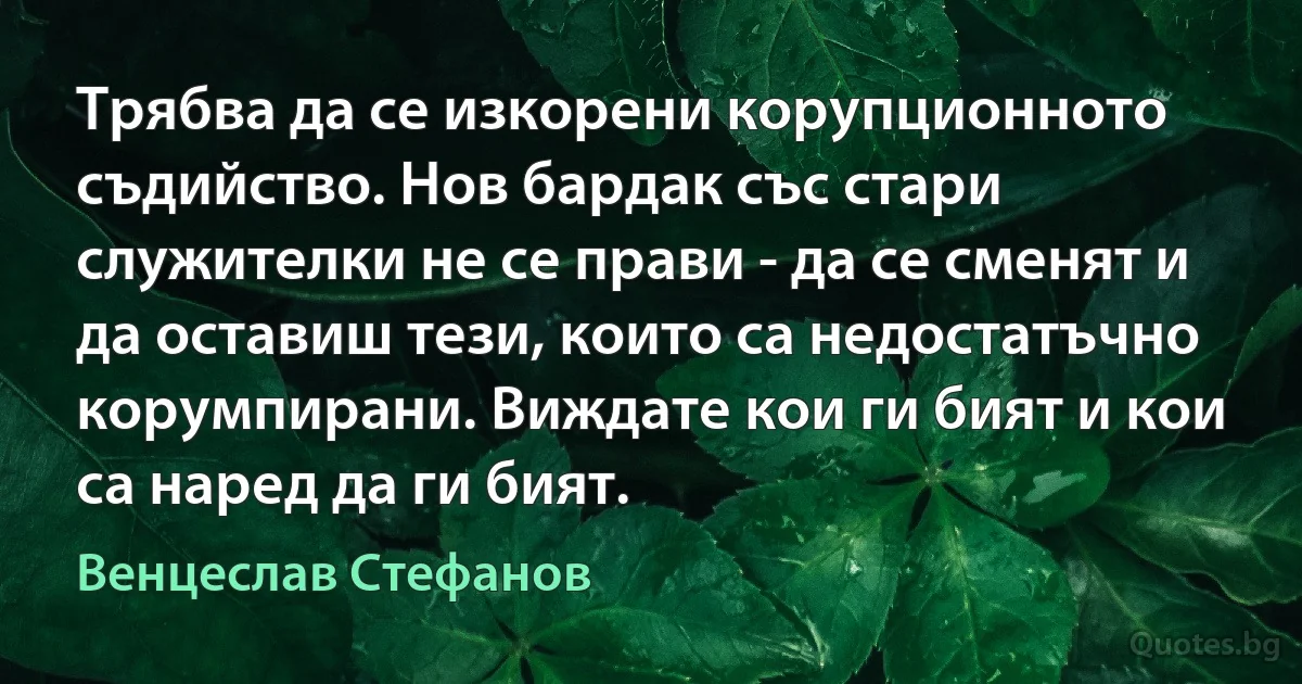 Трябва да се изкорени корупционното съдийство. Нов бардак със стари служителки не се прави - да се сменят и да оставиш тези, които са недостатъчно корумпирани. Виждате кои ги бият и кои са наред да ги бият. (Венцеслав Стефанов)