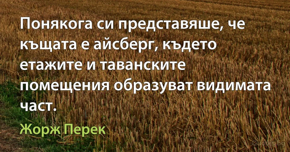 Понякога си представяше, че къщата е айсберг, където етажите и таванските помещения образуват видимата част. (Жорж Перек)