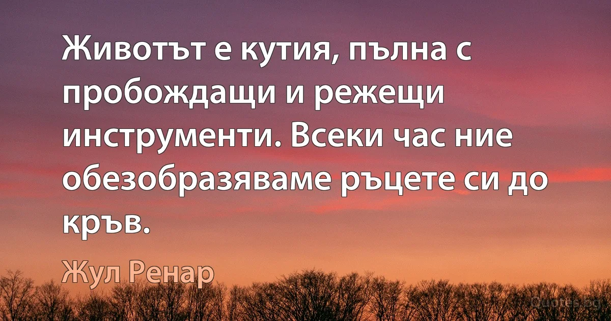 Животът е кутия, пълна с пробождащи и режещи инструменти. Всеки час ние обезобразяваме ръцете си до кръв. (Жул Ренар)