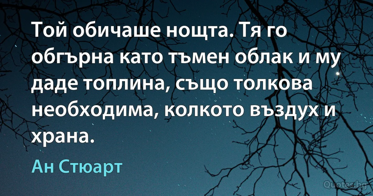 Той обичаше нощта. Тя го обгърна като тъмен облак и му даде топлина, също толкова необходима, колкото въздух и храна. (Ан Стюарт)