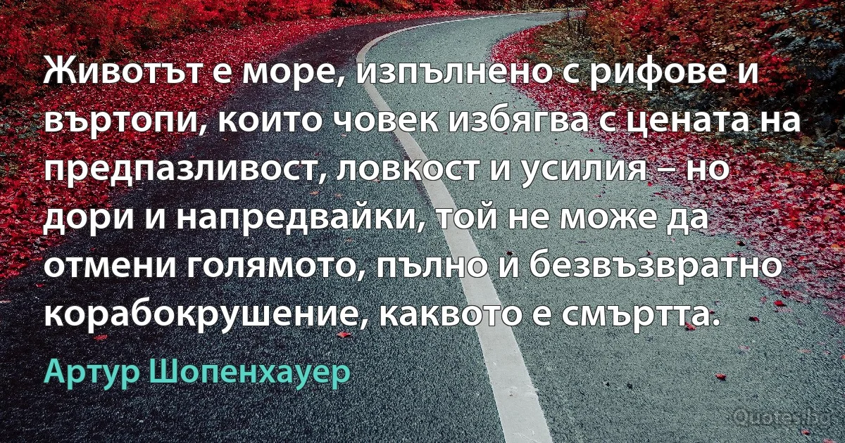 Животът е море, изпълнено с рифове и въртопи, които човек избягва с цената на предпазливост, ловкост и усилия – но дори и напредвайки, той не може да отмени голямото, пълно и безвъзвратно корабокрушение, каквото е смъртта. (Артур Шопенхауер)