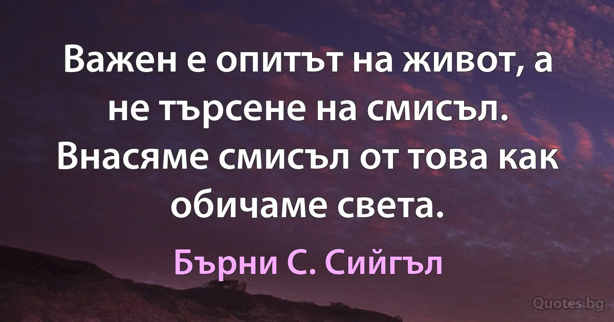 Важен е опитът на живот, а не търсене на смисъл. Внасяме смисъл от това как обичаме света. (Бърни С. Сийгъл)