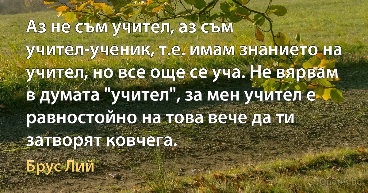 Аз не съм учител, аз съм учител-ученик, т.е. имам знанието на учител, но все още се уча. Не вярвам в думата "учител", за мен учител е равностойно на това вече да ти затворят ковчега. (Брус Лий)