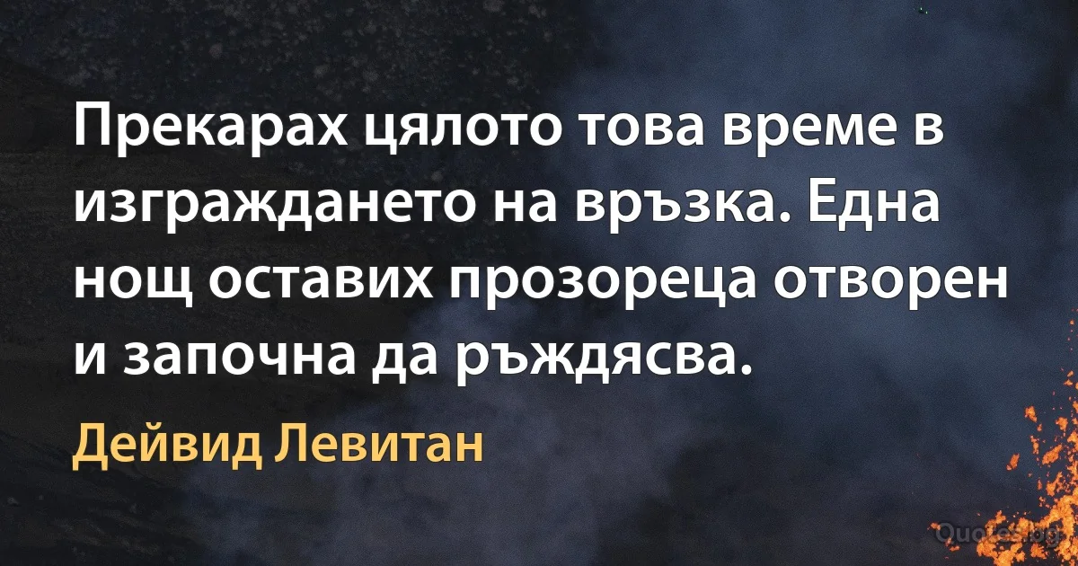 Прекарах цялото това време в изграждането на връзка. Една нощ оставих прозореца отворен и започна да ръждясва. (Дейвид Левитан)