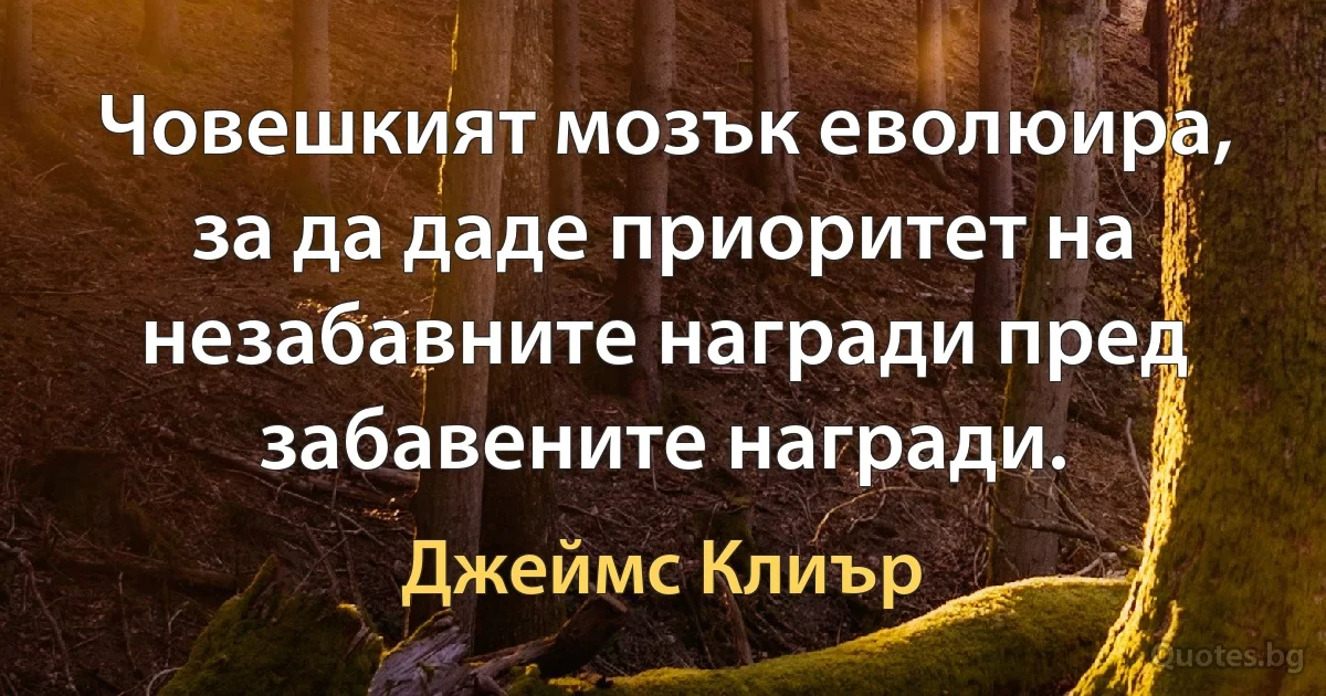 Човешкият мозък еволюира, за да даде приоритет на незабавните награди пред забавените награди. (Джеймс Клиър)