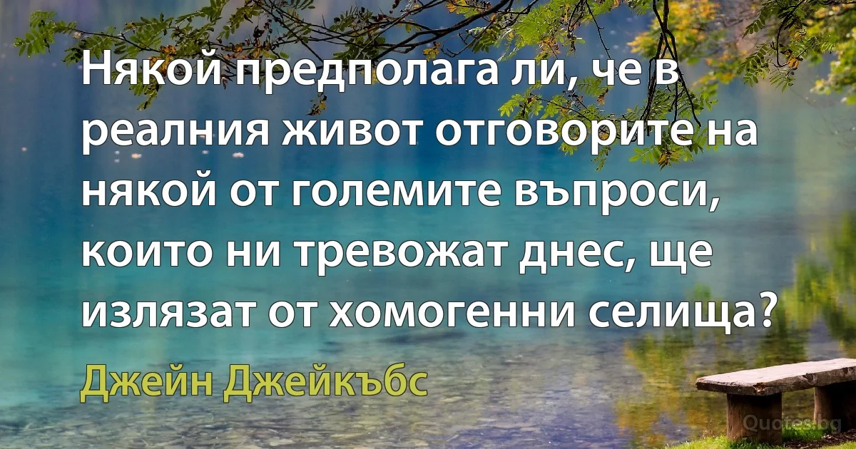 Някой предполага ли, че в реалния живот отговорите на някой от големите въпроси, които ни тревожат днес, ще излязат от хомогенни селища? (Джейн Джейкъбс)