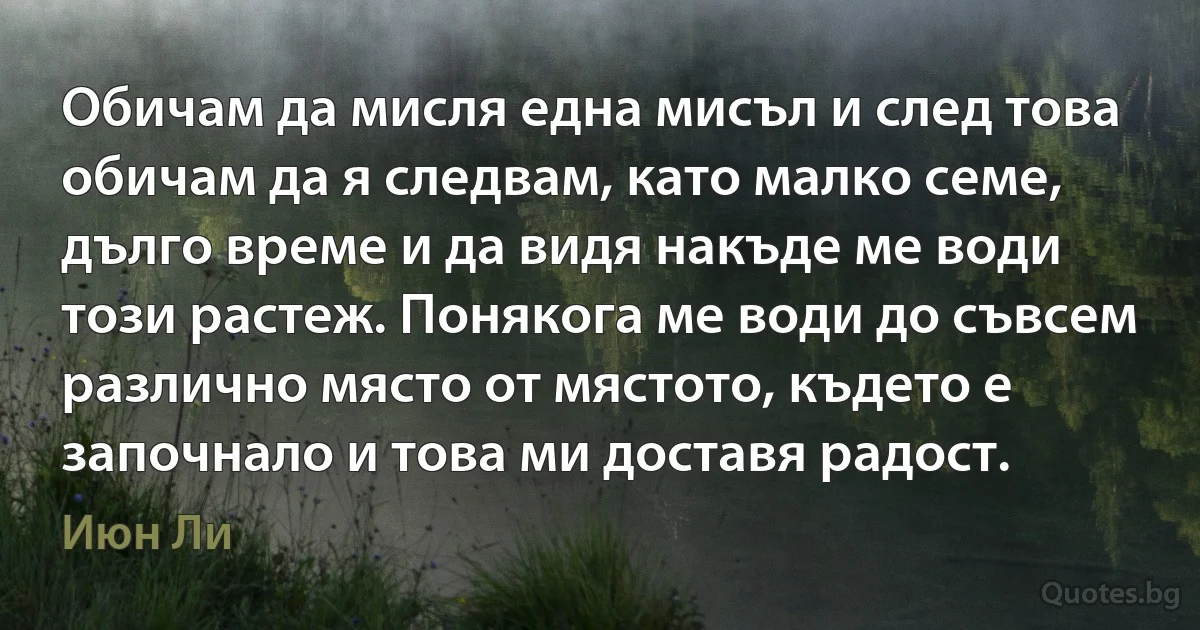 Обичам да мисля една мисъл и след това обичам да я следвам, като малко семе, дълго време и да видя накъде ме води този растеж. Понякога ме води до съвсем различно място от мястото, където е започнало и това ми доставя радост. (Июн Ли)