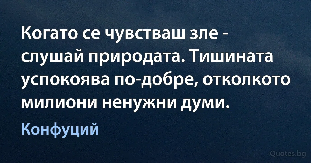 Когато се чувстваш зле - слушай природата. Тишината успокоява по-добре, отколкото милиони ненужни думи. (Конфуций)