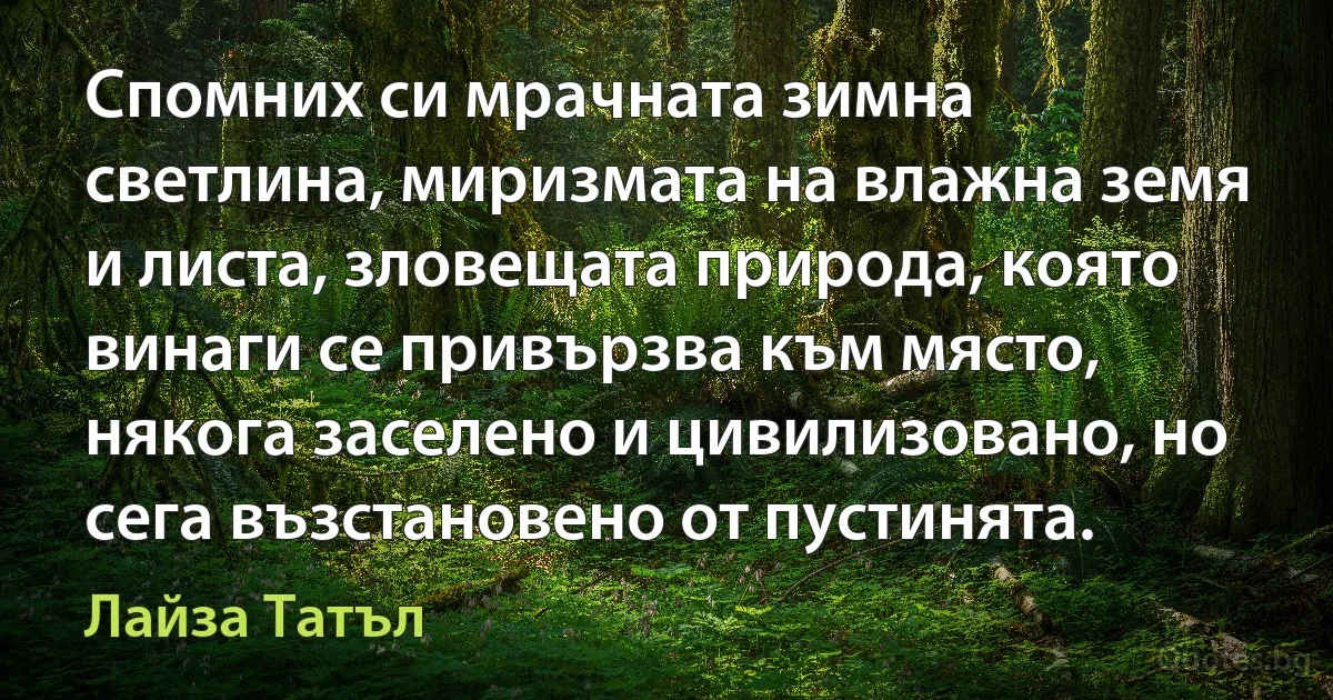 Спомних си мрачната зимна светлина, миризмата на влажна земя и листа, зловещата природа, която винаги се привързва към място, някога заселено и цивилизовано, но сега възстановено от пустинята. (Лайза Татъл)