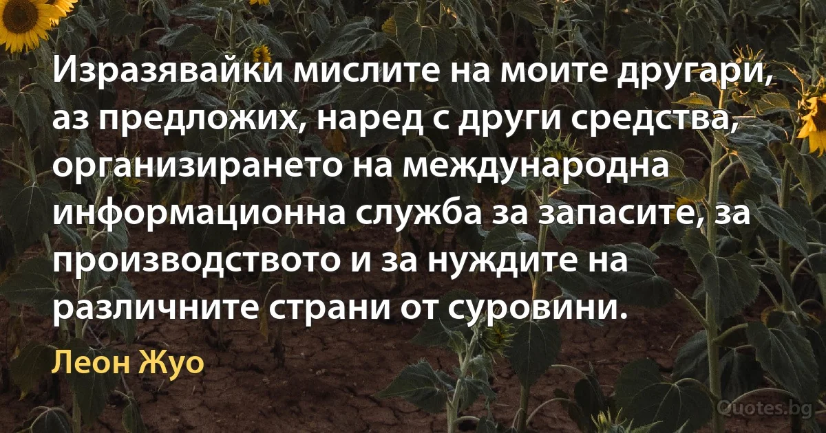 Изразявайки мислите на моите другари, аз предложих, наред с други средства, организирането на международна информационна служба за запасите, за производството и за нуждите на различните страни от суровини. (Леон Жуо)