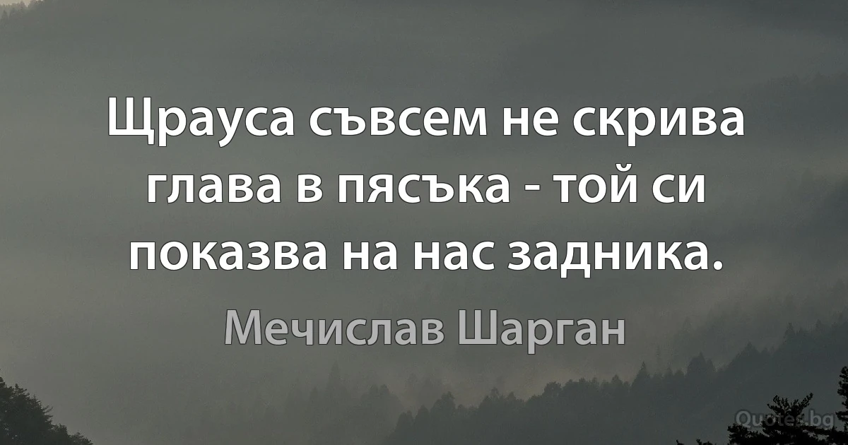 Щрауса съвсем не скрива глава в пясъка - той си показва на нас задника. (Мечислав Шарган)