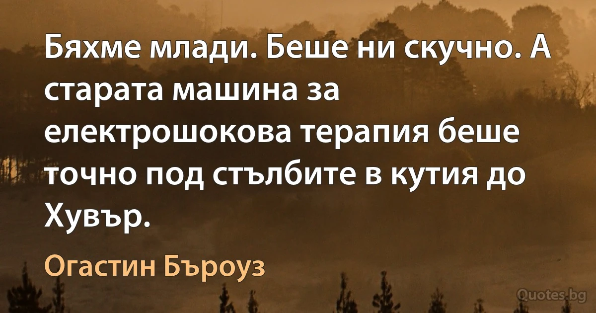 Бяхме млади. Беше ни скучно. А старата машина за електрошокова терапия беше точно под стълбите в кутия до Хувър. (Огастин Бъроуз)