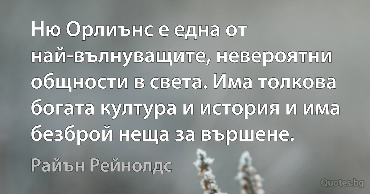 Ню Орлиънс е една от най-вълнуващите, невероятни общности в света. Има толкова богата култура и история и има безброй неща за вършене. (Райън Рейнолдс)