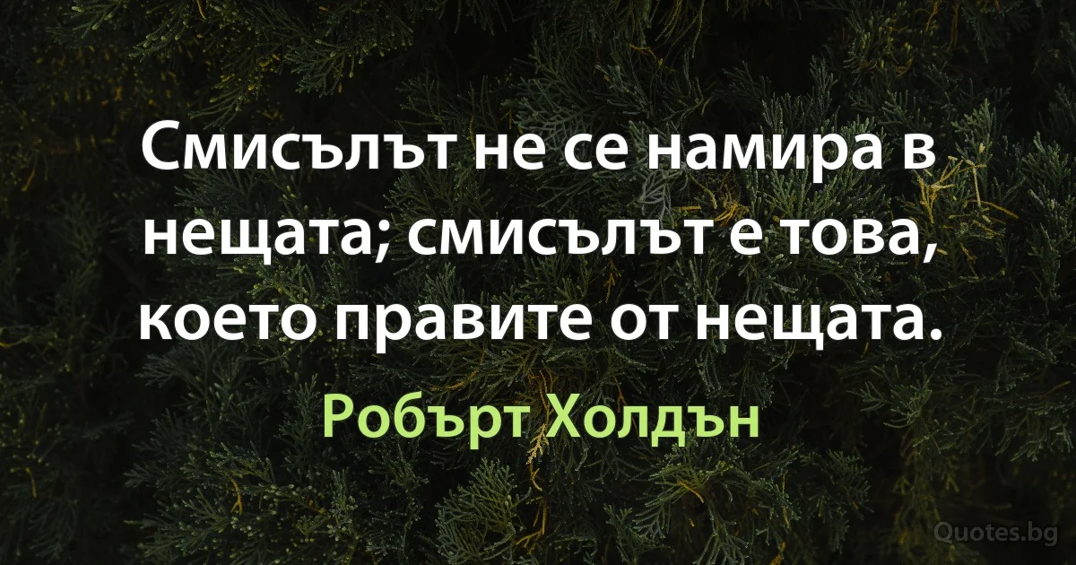 Смисълът не се намира в нещата; смисълът е това, което правите от нещата. (Робърт Холдън)