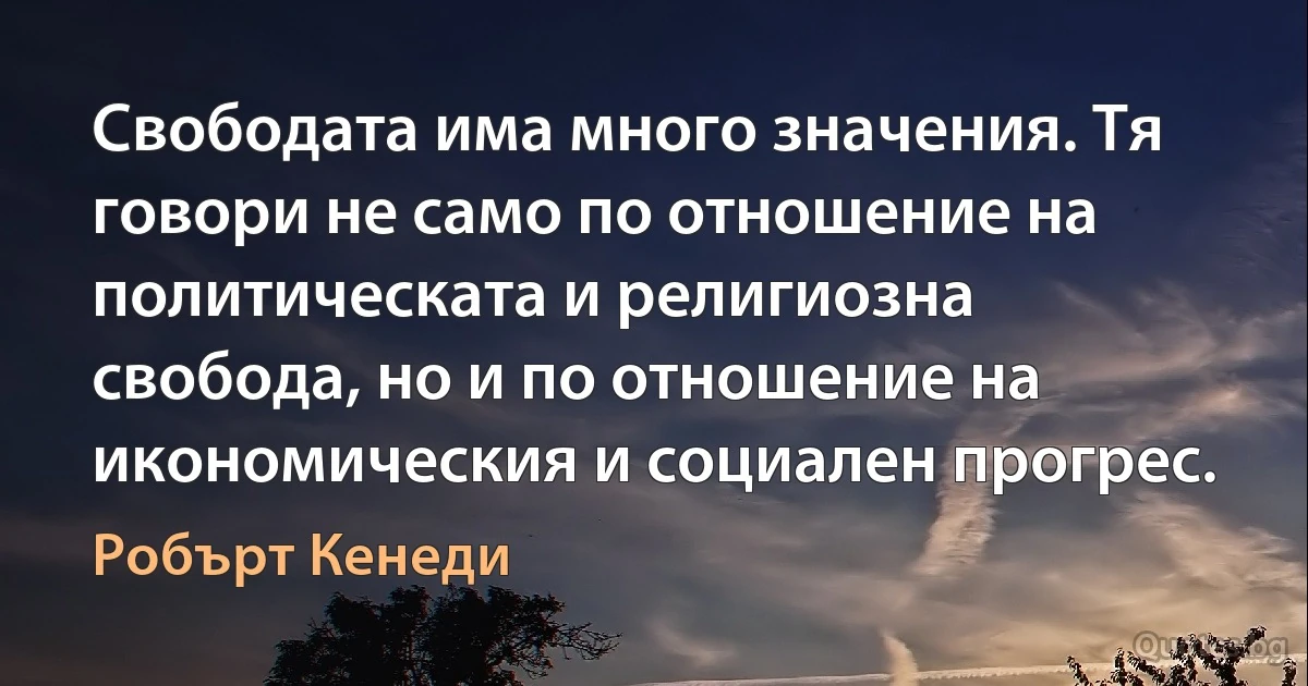 Свободата има много значения. Тя говори не само по отношение на политическата и религиозна свобода, но и по отношение на икономическия и социален прогрес. (Робърт Кенеди)