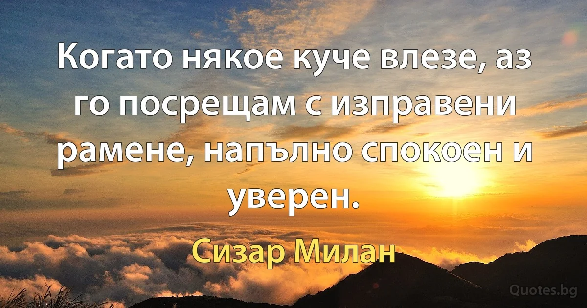 Когато някое куче влезе, аз го посрещам с изправени рамене, напълно спокоен и уверен. (Сизар Милан)