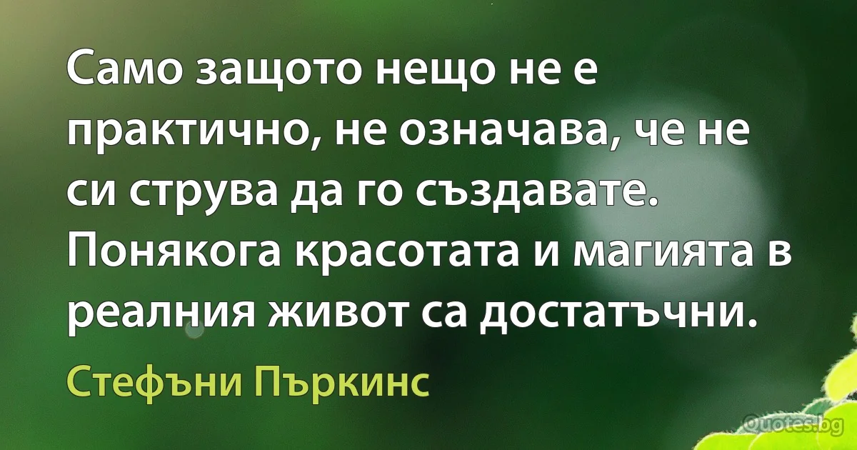 Само защото нещо не е практично, не означава, че не си струва да го създавате. Понякога красотата и магията в реалния живот са достатъчни. (Стефъни Пъркинс)