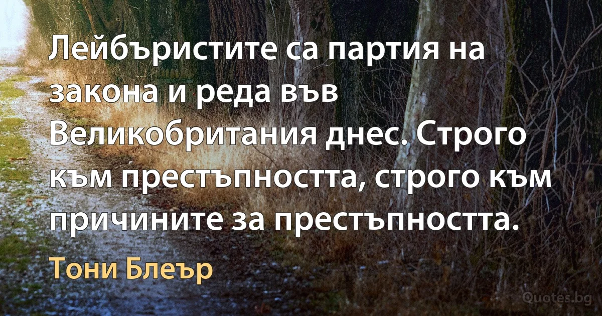 Лейбъристите са партия на закона и реда във Великобритания днес. Строго към престъпността, строго към причините за престъпността. (Тони Блеър)