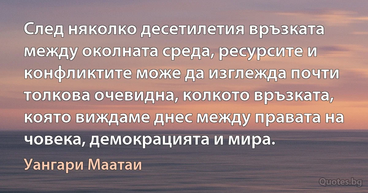 След няколко десетилетия връзката между околната среда, ресурсите и конфликтите може да изглежда почти толкова очевидна, колкото връзката, която виждаме днес между правата на човека, демокрацията и мира. (Уангари Маатаи)