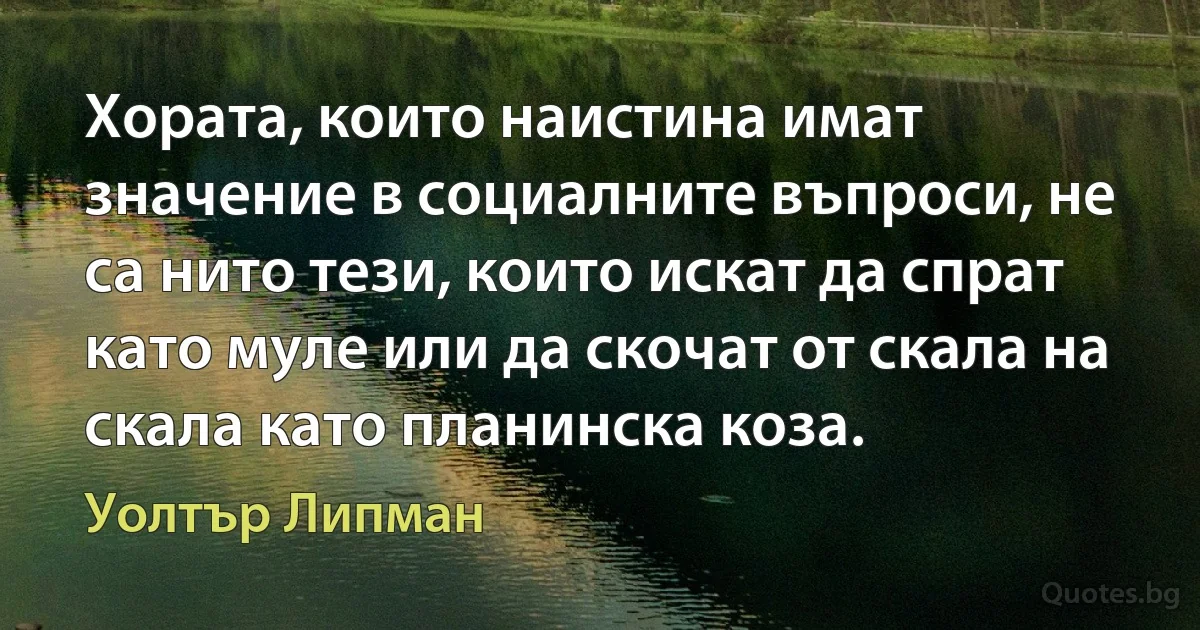 Хората, които наистина имат значение в социалните въпроси, не са нито тези, които искат да спрат като муле или да скочат от скала на скала като планинска коза. (Уолтър Липман)