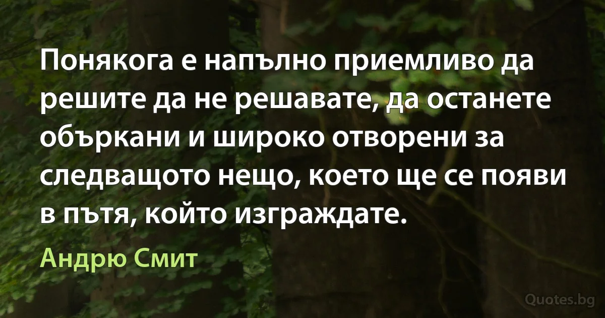 Понякога е напълно приемливо да решите да не решавате, да останете объркани и широко отворени за следващото нещо, което ще се появи в пътя, който изграждате. (Андрю Смит)