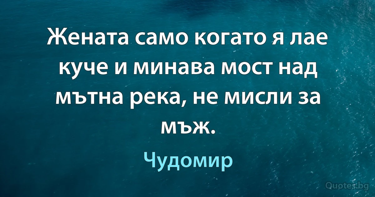 Жената само когато я лае куче и минава мост над мътна река, не мисли за мъж. (Чудомир)