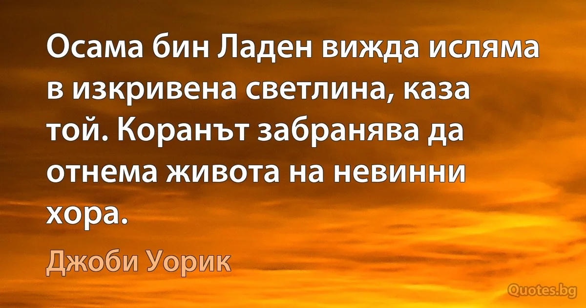 Осама бин Ладен вижда исляма в изкривена светлина, каза той. Коранът забранява да отнема живота на невинни хора. (Джоби Уорик)